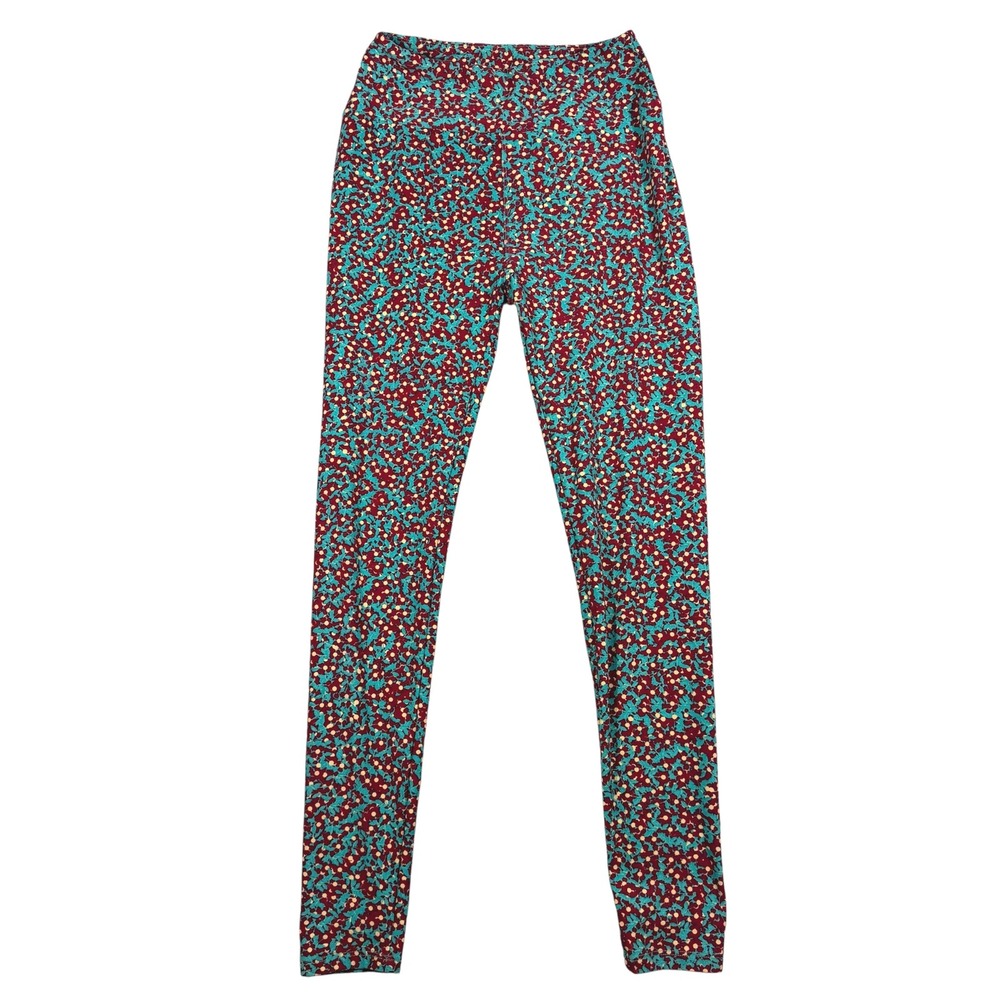 LuLaRoe One Size OS Floral Leggings Teal Burgundy Yellow High Rise‎ Soft Stretch